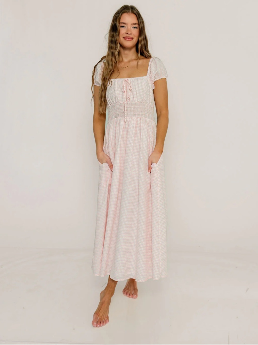 Smocked Gingham Square-Neck Maxi Dress in Light Pink